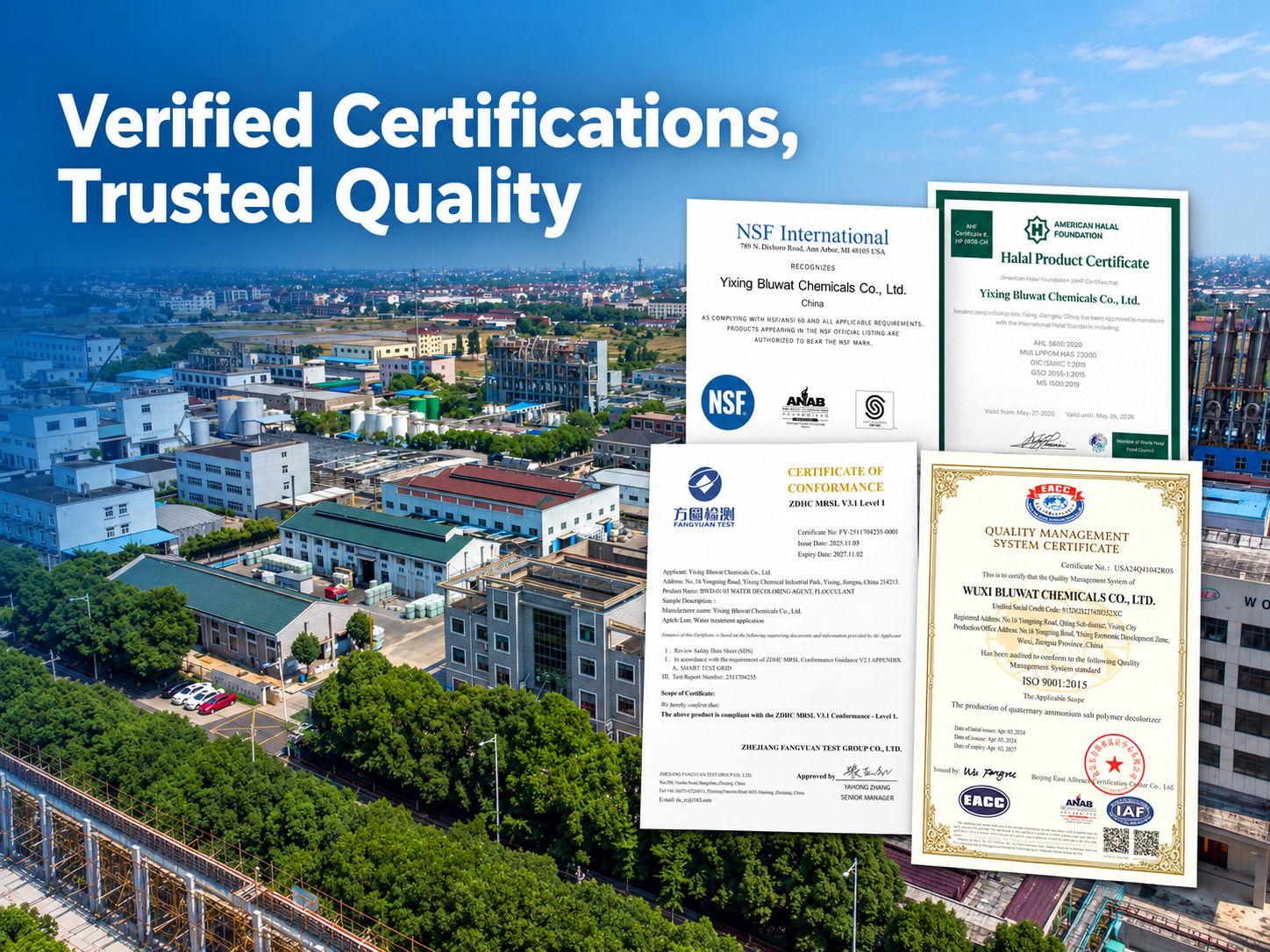 Blog perusahaan terbaru tentang Bluwat Chemicals Strengthens Buyer Confidence with Verifiable NSF, Halal, ZDHC and ISO Credentials